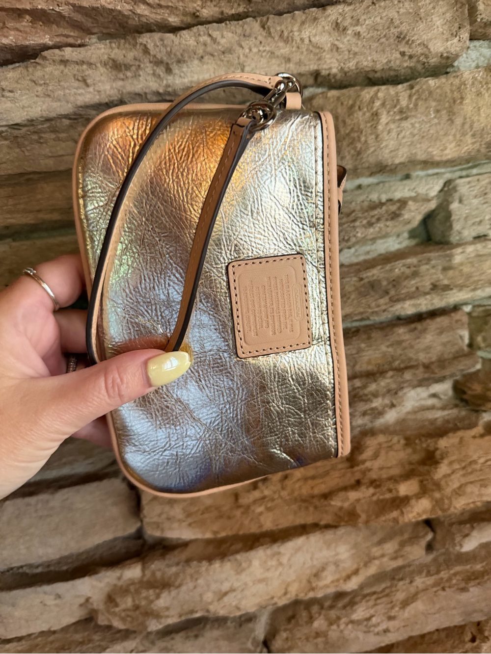 Coach Metallic Silver Wristlet Clutch Wallet Phone Bag Nude Trim Detach Strap